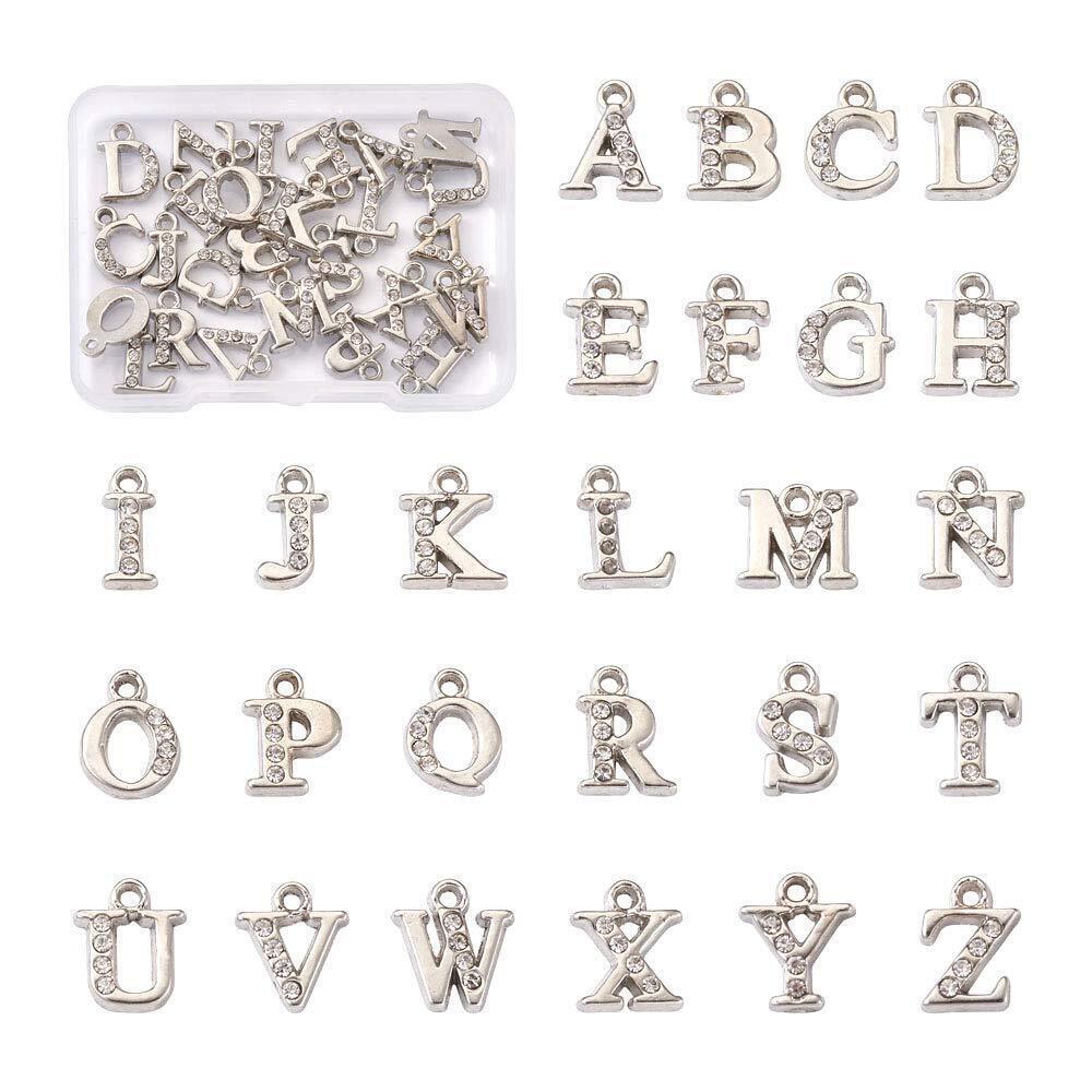 7914 52pcs Letter A~Z Alloy Rhinestone Charms Platinum Metal Crystal 26